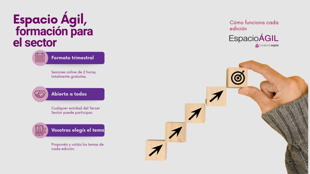 nfografía "Espacio Ágil, formación para el sector": tres características del programa de Gestión Tercer Sector — formato trimestral de sesiones online gratuitas de dos horas, abierto a cualquier entidad del Tercer Sector, y con los temas propuestos y votados por las propias entidades.