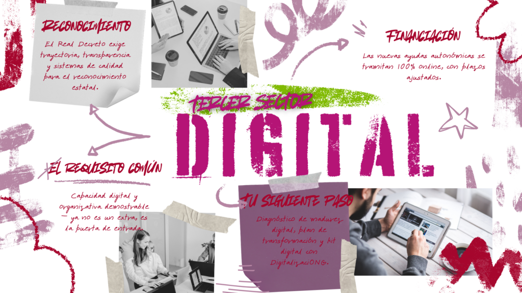 Infografía tipo collage con el título 'Tercer Sector Digital' y cuatro bloques: reconocimiento, financiación, el requisito común y siguiente paso con DigitalizaciONG