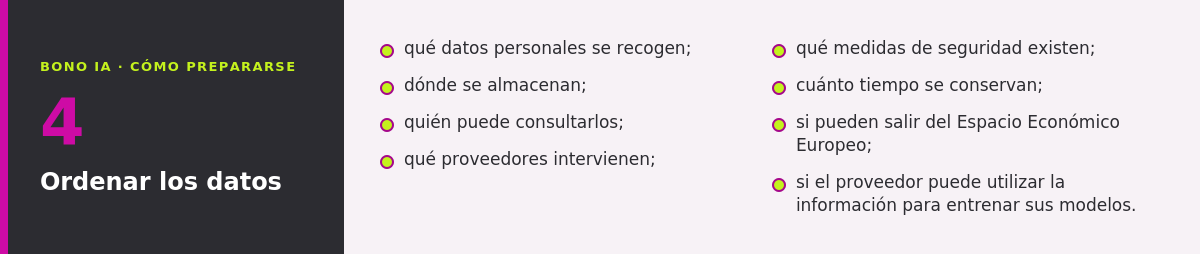Infografía del paso 4, ordenar los datos: ocho aspectos que revisar, como dónde se almacenan, quién accede y si el proveedor entrena sus modelos con ellos.
